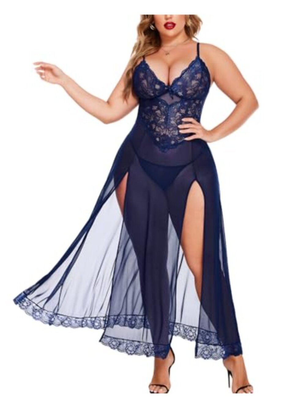 Plus Size Lace Mesh Maxi Lingerie Dress Sleeveless Split Babydoll Chemise